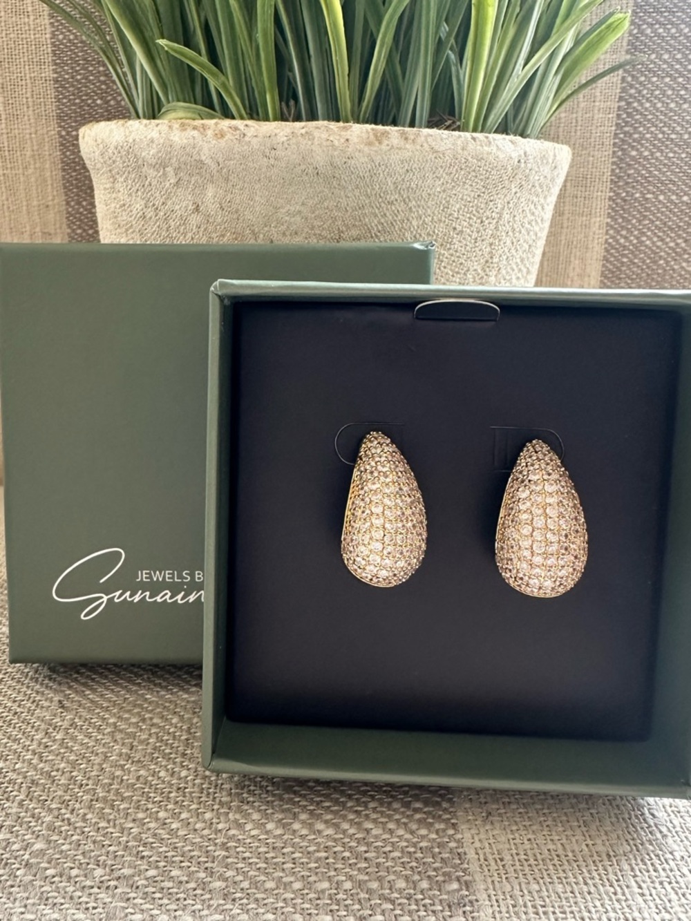Jewels by Sunaina Gold Pavé Crystal Teardrop Statement Earrings NWT